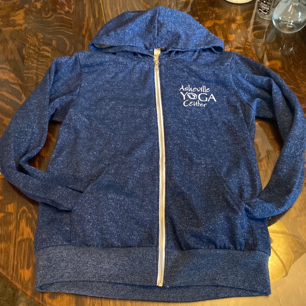 Canvas Asheville Yoga Ctr. Women’s Small Heathered Blue Hoody w/ Zipper, Pockets
